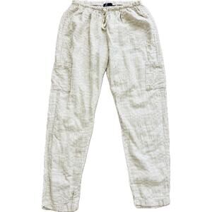 Fenini Linen Cotton Pants Check Tan Beige Medium Trousers Elastic Tie Waist